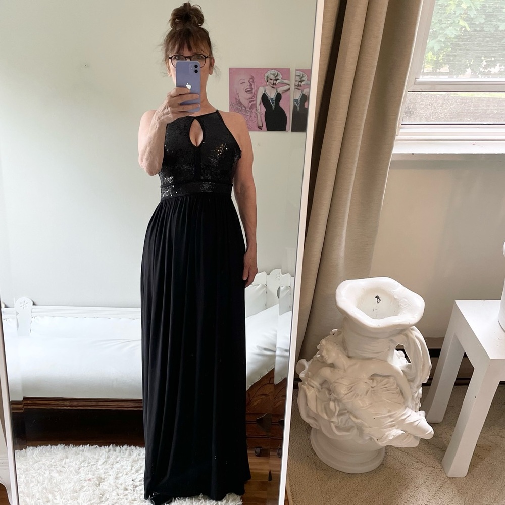 BLACK SEQUIN TOP SOLID SKIRT SLEEVELESS MAXI DRESS KEY HOLE BUST TIES